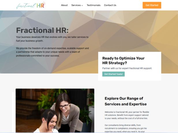Website homepage for Fractional HR with text about HR services and a Get Started button.