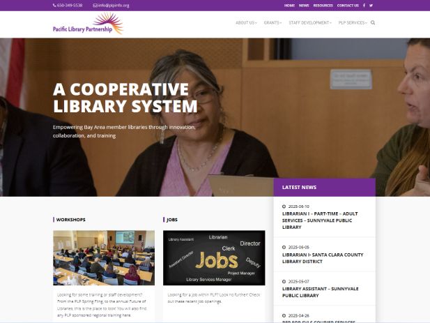 Homepage of Pacific Library Partnership website with people in a meeting and news updates.