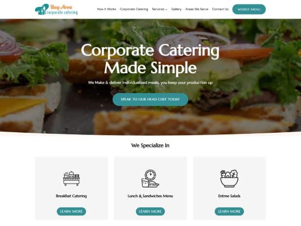 Website homepage for Bay Area Corporate Catering with food images and menu options displayed.