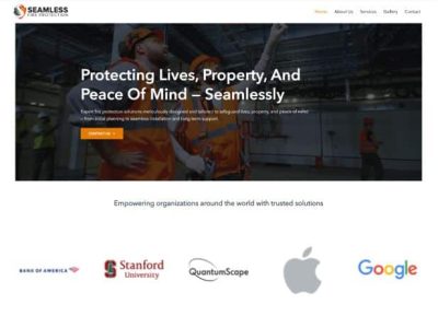 Web Design & Development 12 Two workers in safety gear with site logos and client logos like Apple and Google below.