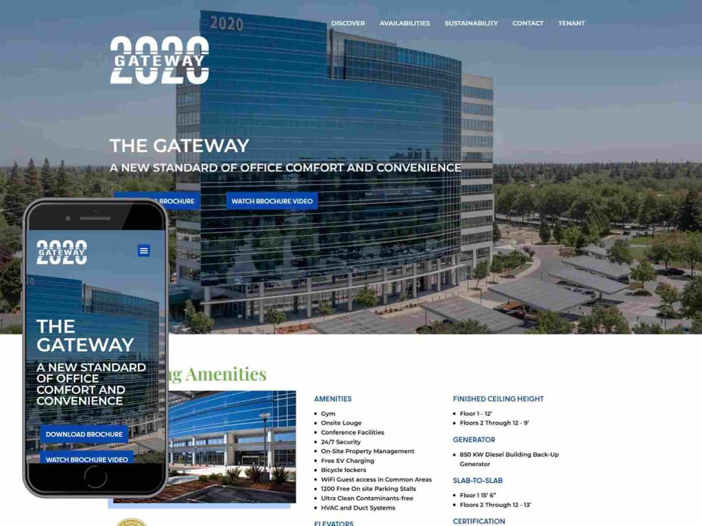 2020 Gateway 4 Modern office building with reflective glass windows and trees, website overlay on phone screen.