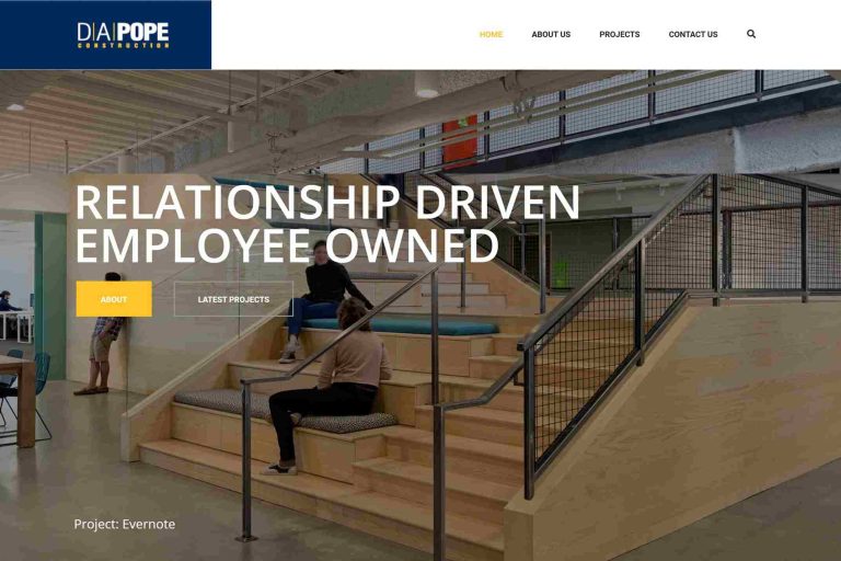 Office interior with wooden steps, people working, and overlay text about employee ownership.