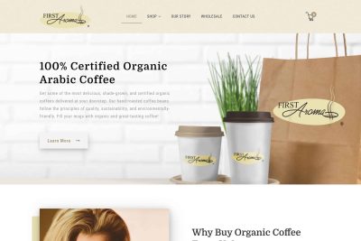Los Altos Web Design 7 Two coffee cups and a paper bag with First Aroma logo on a coffee shop website.