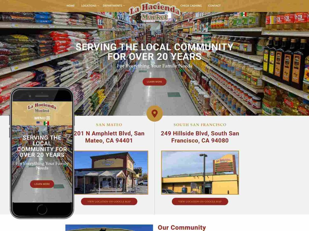 La Hacienda Market 5 A grocery store website with shelves of food and store locations displayed on the homepage.