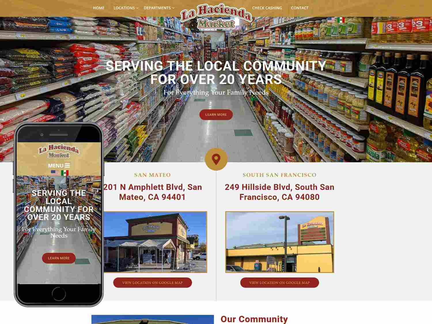 La Hacienda Market 1 A grocery store website with shelves of food and store locations displayed on the homepage.