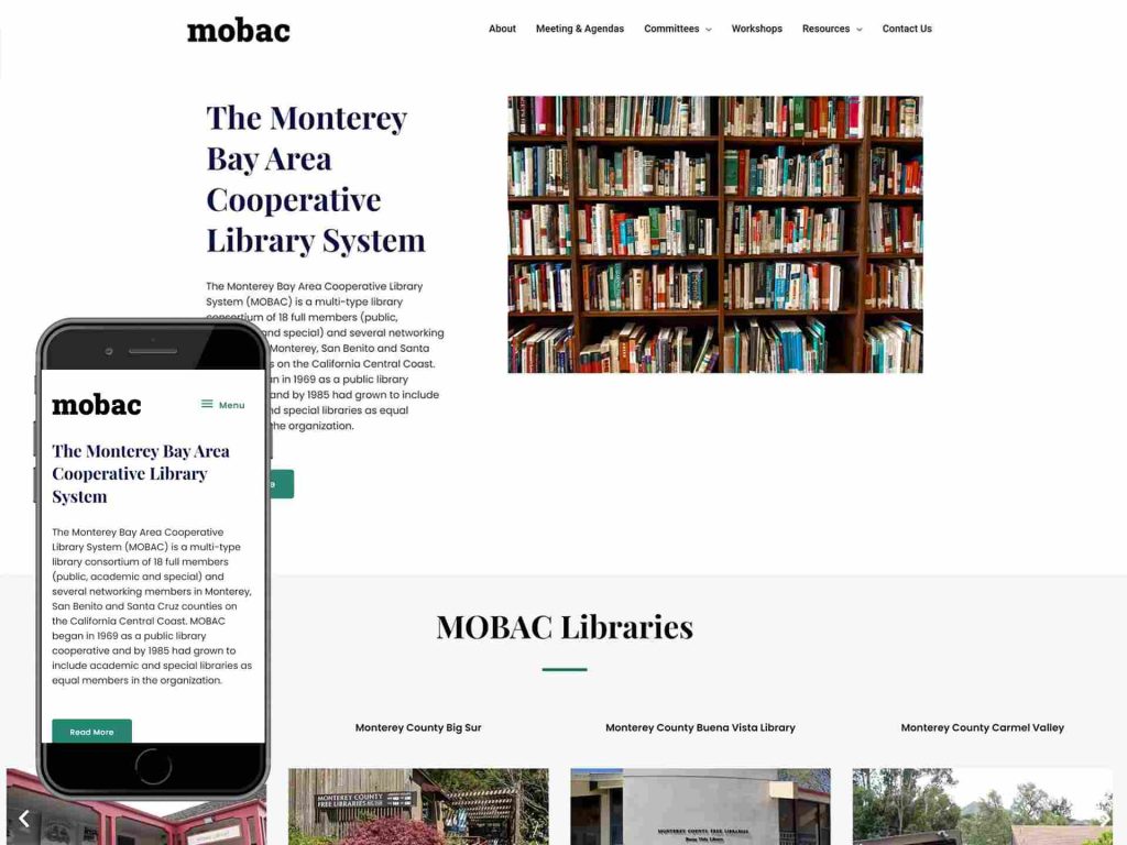 Monterey Bay Library System 7 Screenshot of the MOBAC library website shown on desktop and mobile devices.