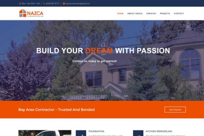 Belmont Website Design 7 Nazca Construction website homepage with slogan, contact info, and navigation menu displayed.