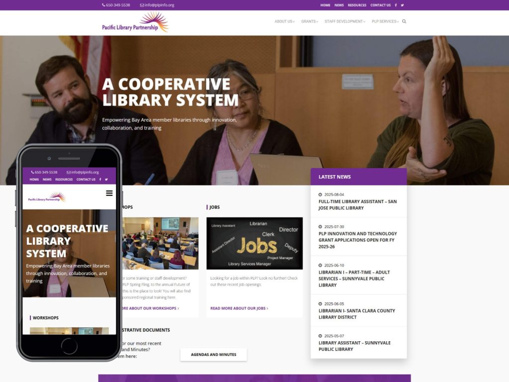 Three people discuss in a library meeting; website and mobile view shown.