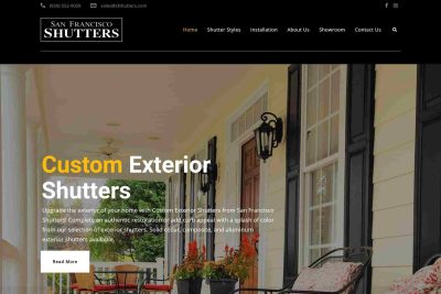 Daly City Web Design 6 Front porch with black shutters, chairs, and plants; Custom Exterior Shutters text overlay.
