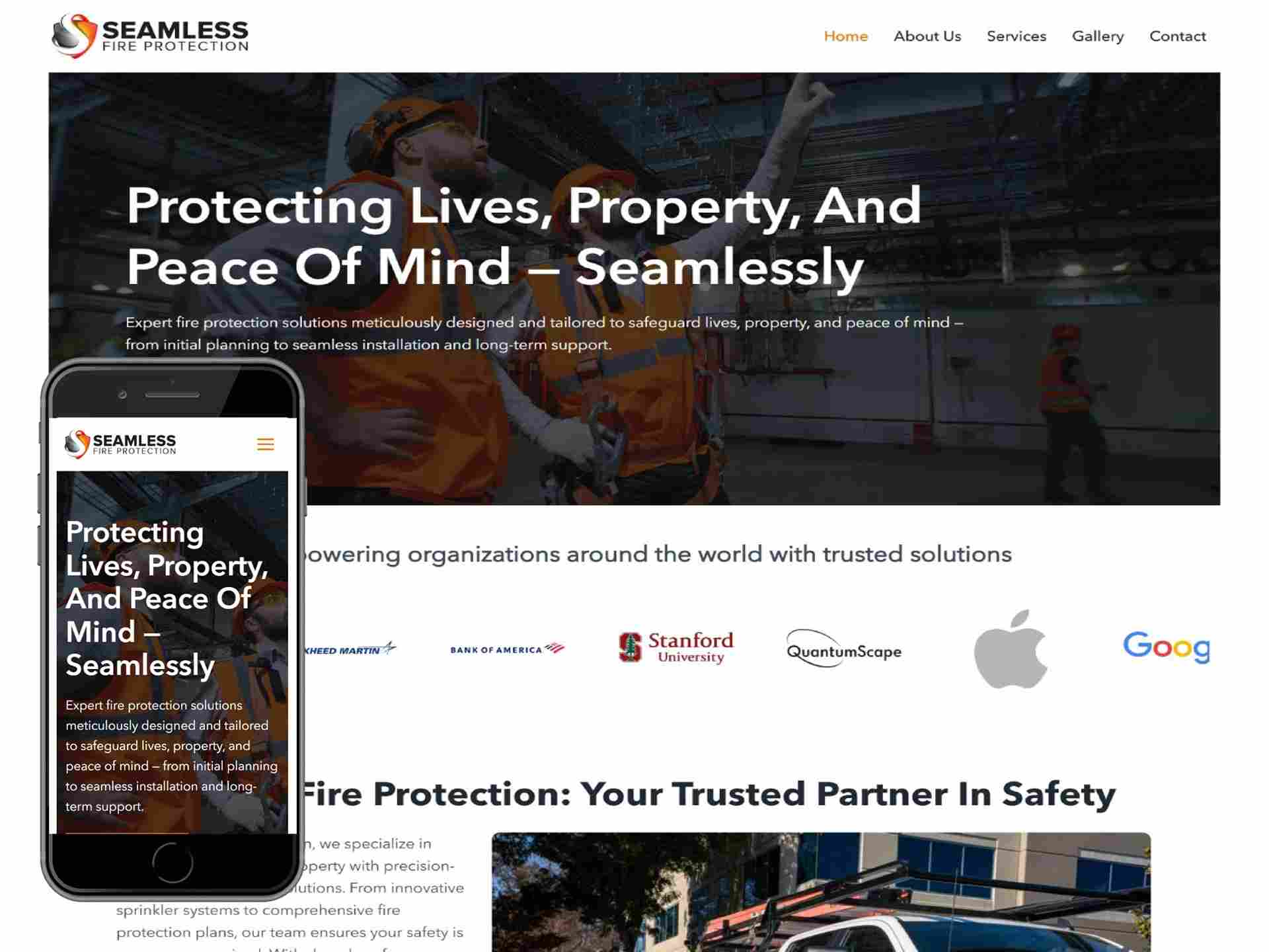 Seamless Fire Protection 1 Website homepage for Seamless Fire Protection shown on desktop and mobile screens.
