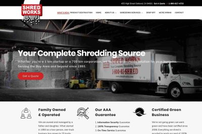 Daly City Web Design 5 A shredding truck parked inside a warehouse with Shred Works logo and contact info.
