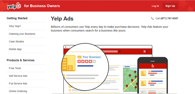 Yelp Ads preview featuring a business listing on desktop and mobile, with a magnifying glass illustrating improved search exposure.