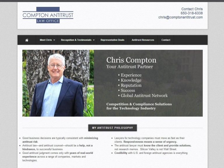 Law firm website featuring Chris Compton and antitrust legal services for technology companies.