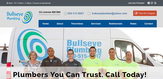 Five people stand in front of a Bullseye Plumbing van with contact info at the top.