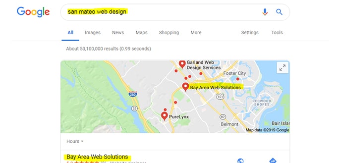 Google search results for san mateo web design with a map and local business listings shown.