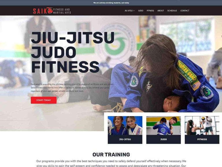 Homepage of a martial arts gym showing people practicing jiu-jitsu on the mat.