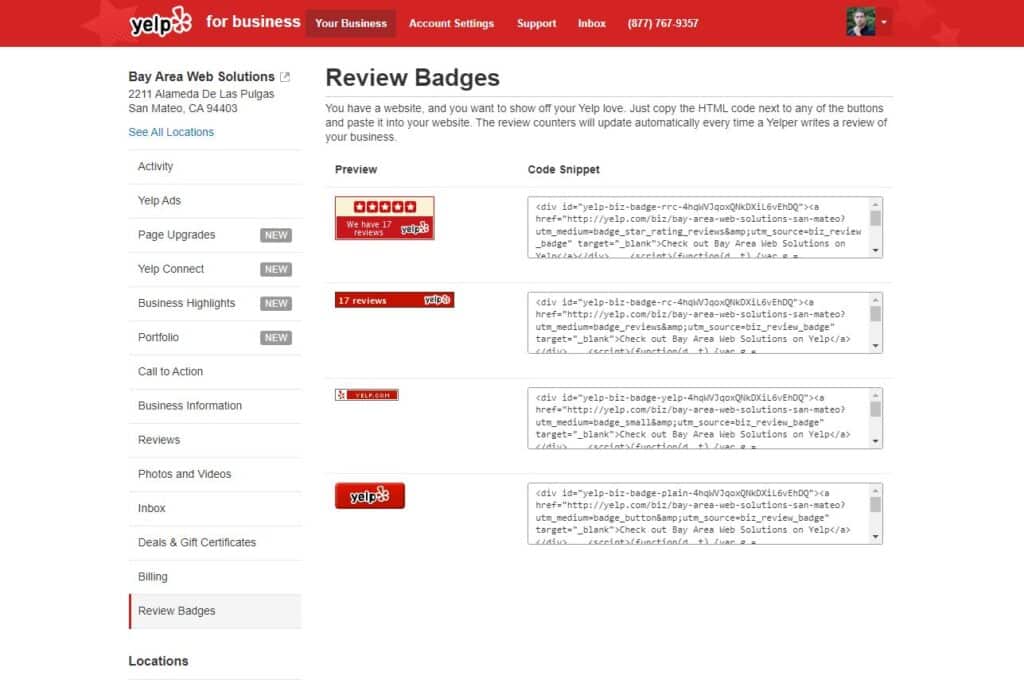 Yelp for Business page showing different styles of Yelp review badges with code snippets.