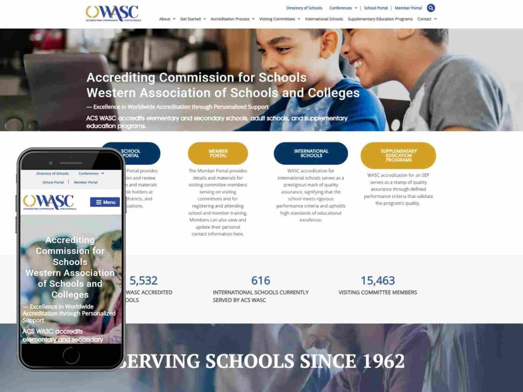 Accrediting Commission for Schools (WASC) 15 WASC website homepage showing accreditation info, with site preview on a mobile phone.