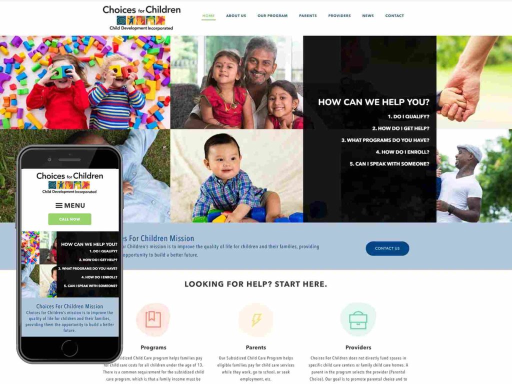 Choices for Children 9 A childcare organizations website homepage with diverse families and program information displayed.