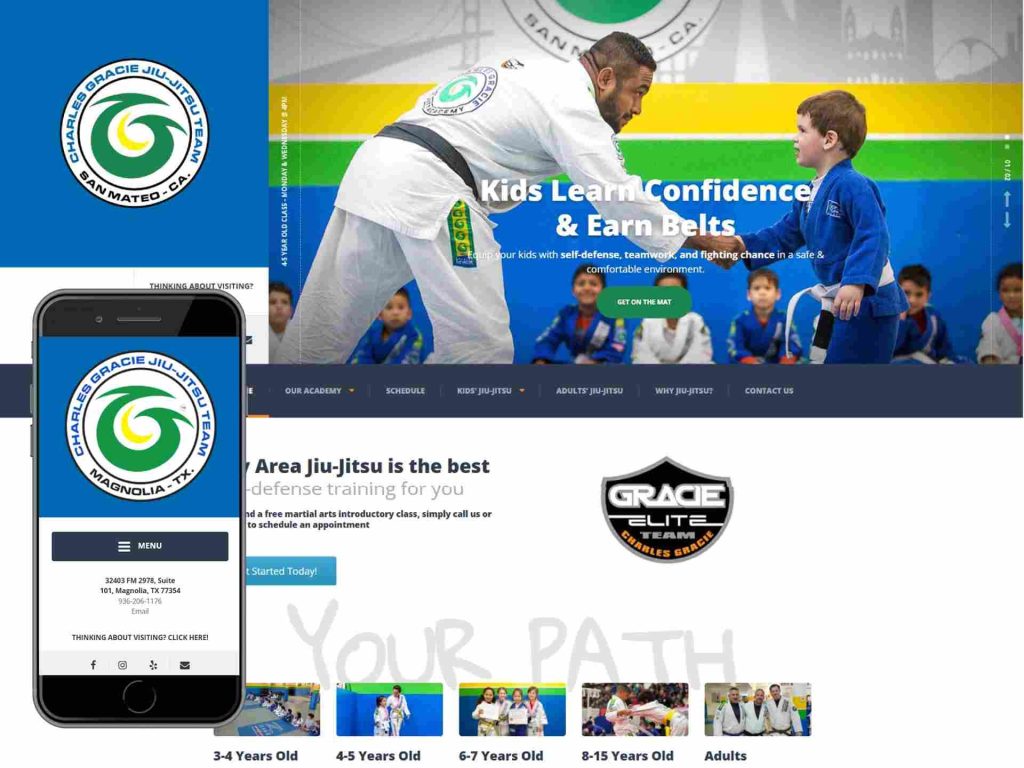 Charles Gracie San Mateo 13 A martial arts instructor teaches a young boy; Gracie Jiu-Jitsu website shown on phone and desktop.