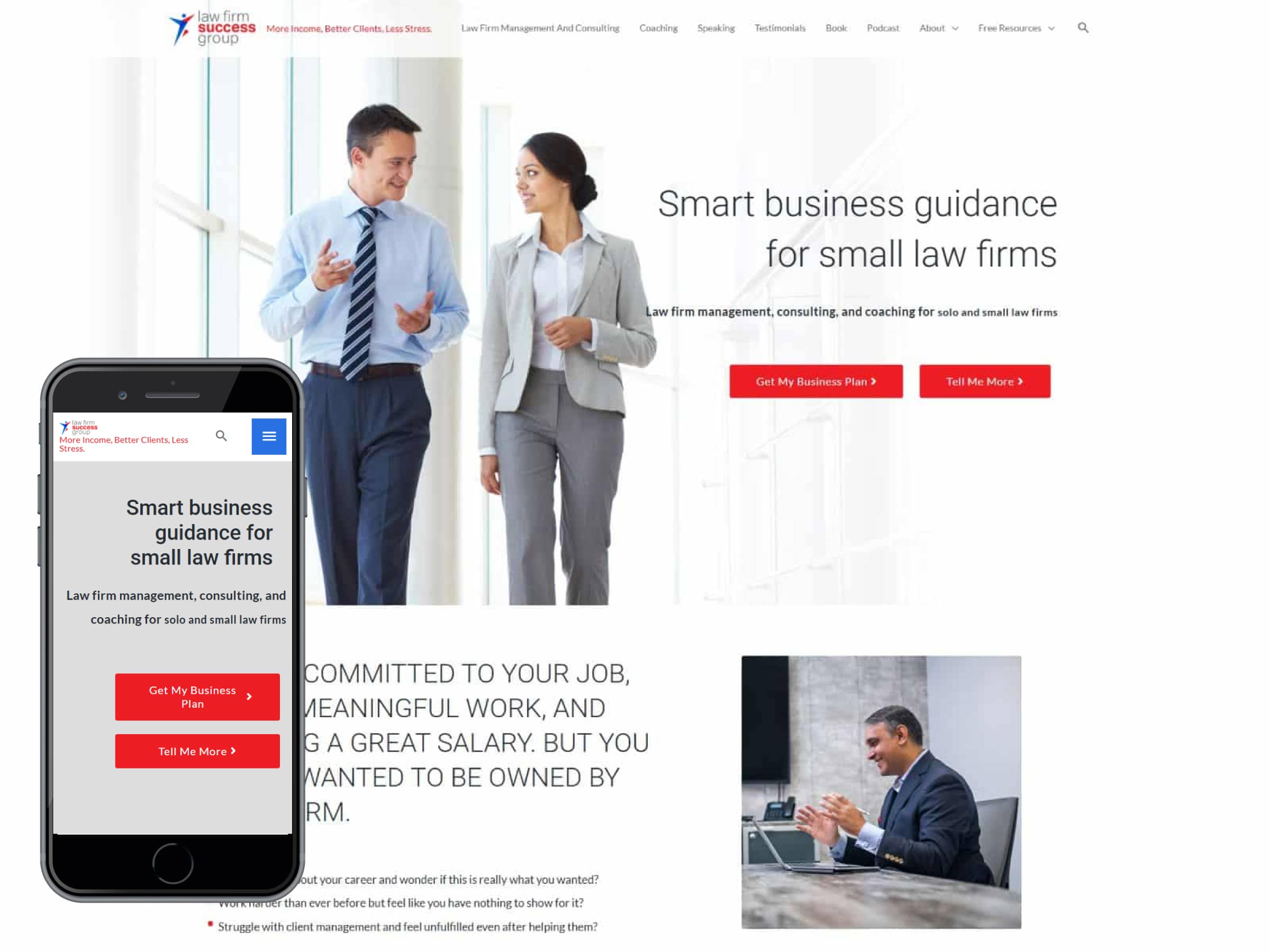 Law Firm Success Group 1 A man and woman in business attire talk in an office; site offers law firm business guidance.