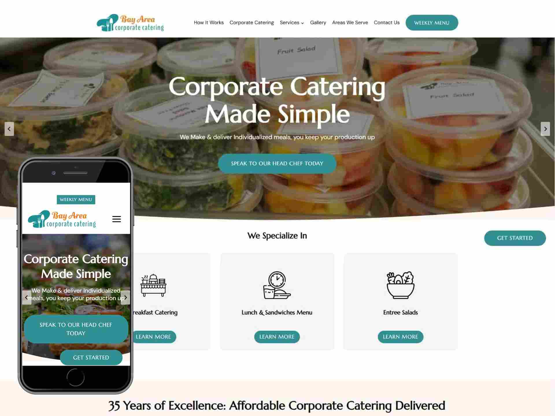 Bay area Corporate Catering 1 Website homepage for Bay Area Corporate Catering with food containers and menu options shown.