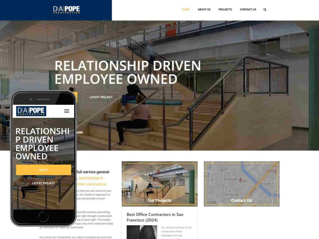 DA Pope Construction 12 Website homepage showing modern office, staircase seating, and mobile site preview.