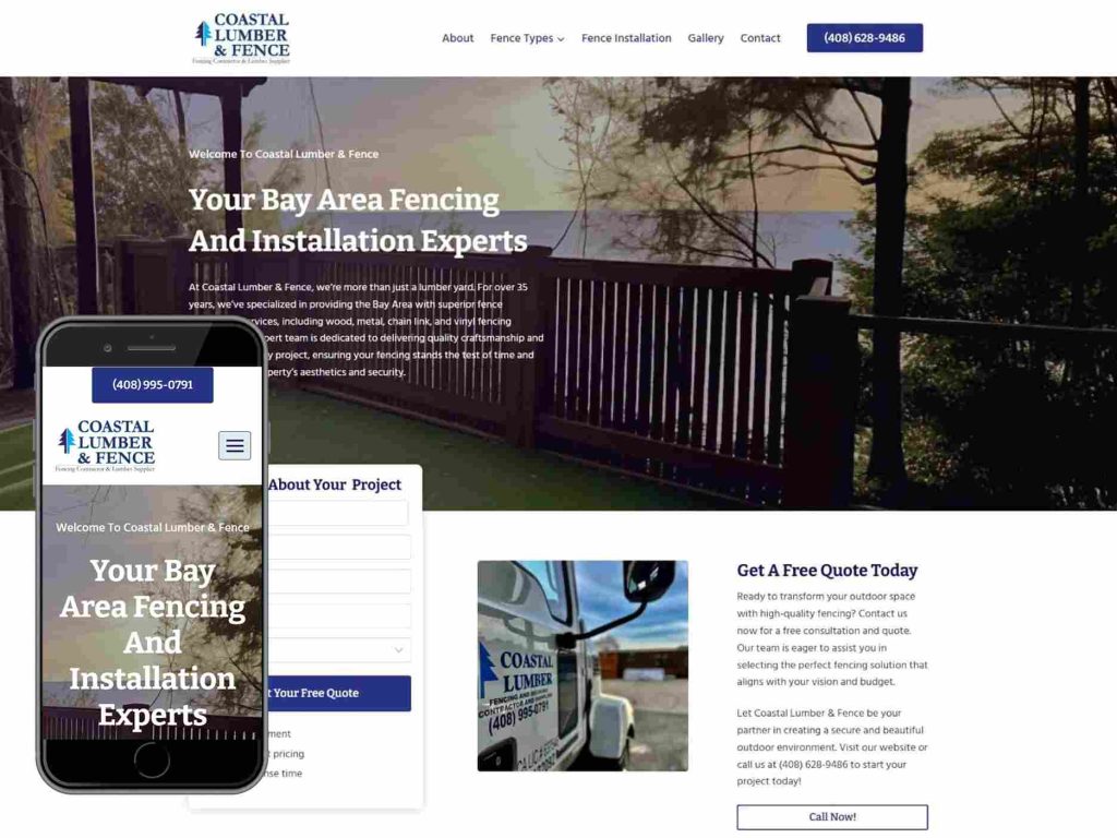 Coastal Lumber & Fence 11 Screenshot of a fencing companys website, shown on both desktop and mobile devices.