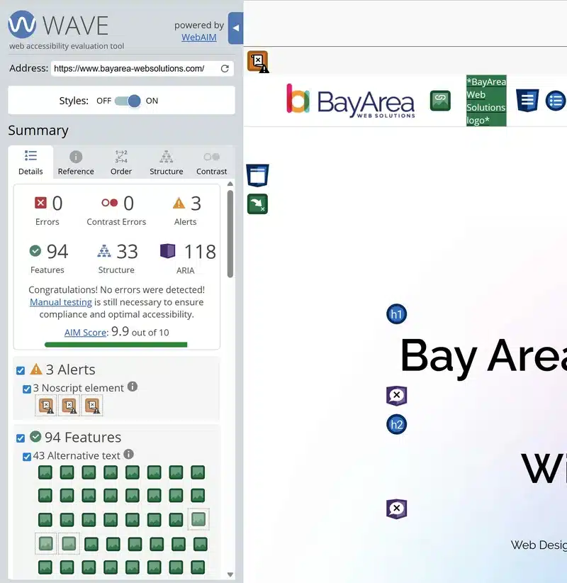 Web Accessibility Help for Small Businesses: A Plain-English Guide to the ADA 2 WAVE accessibility scan results for bayarea-websolutions.com showing 0 errors and AIM Score 9.9 out of 10