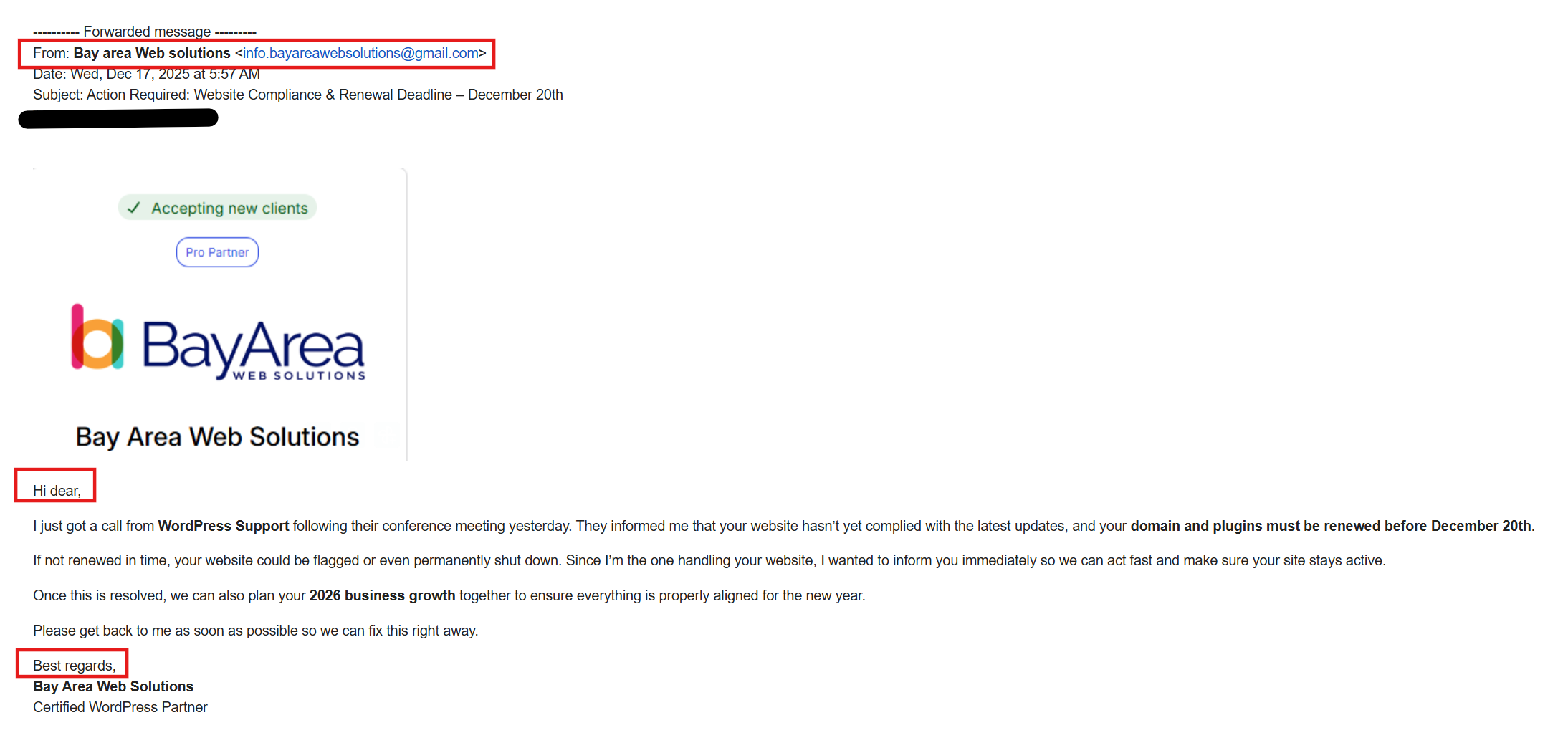 If You Got an Email From 'Jason Garvey' or 'Bay Area Web Solutions' That Wasn't From jason@ba-ws.com, It's a Scam 3 Second phishing scam email impersonating Bay Area Web Solutions with fake WordPress Support urgency