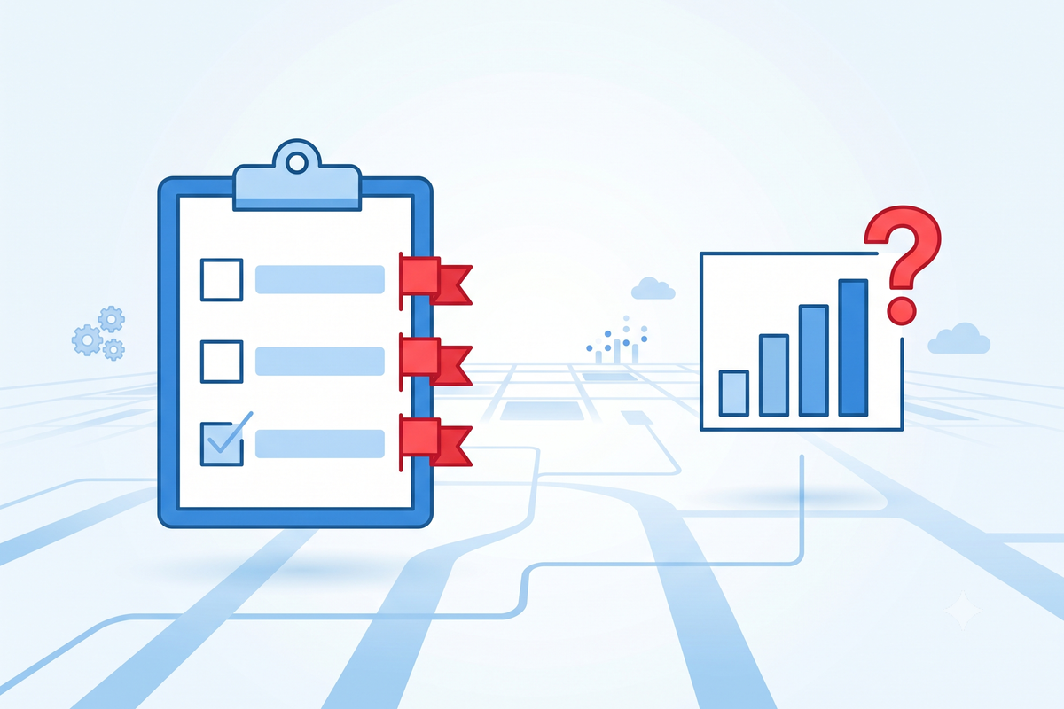 What to Do When Your Web Designer Is Holding Your Website Hostage 2 Checklist with red warning flags next to a declining chart with a question mark, representing warning signs of a predatory web developer